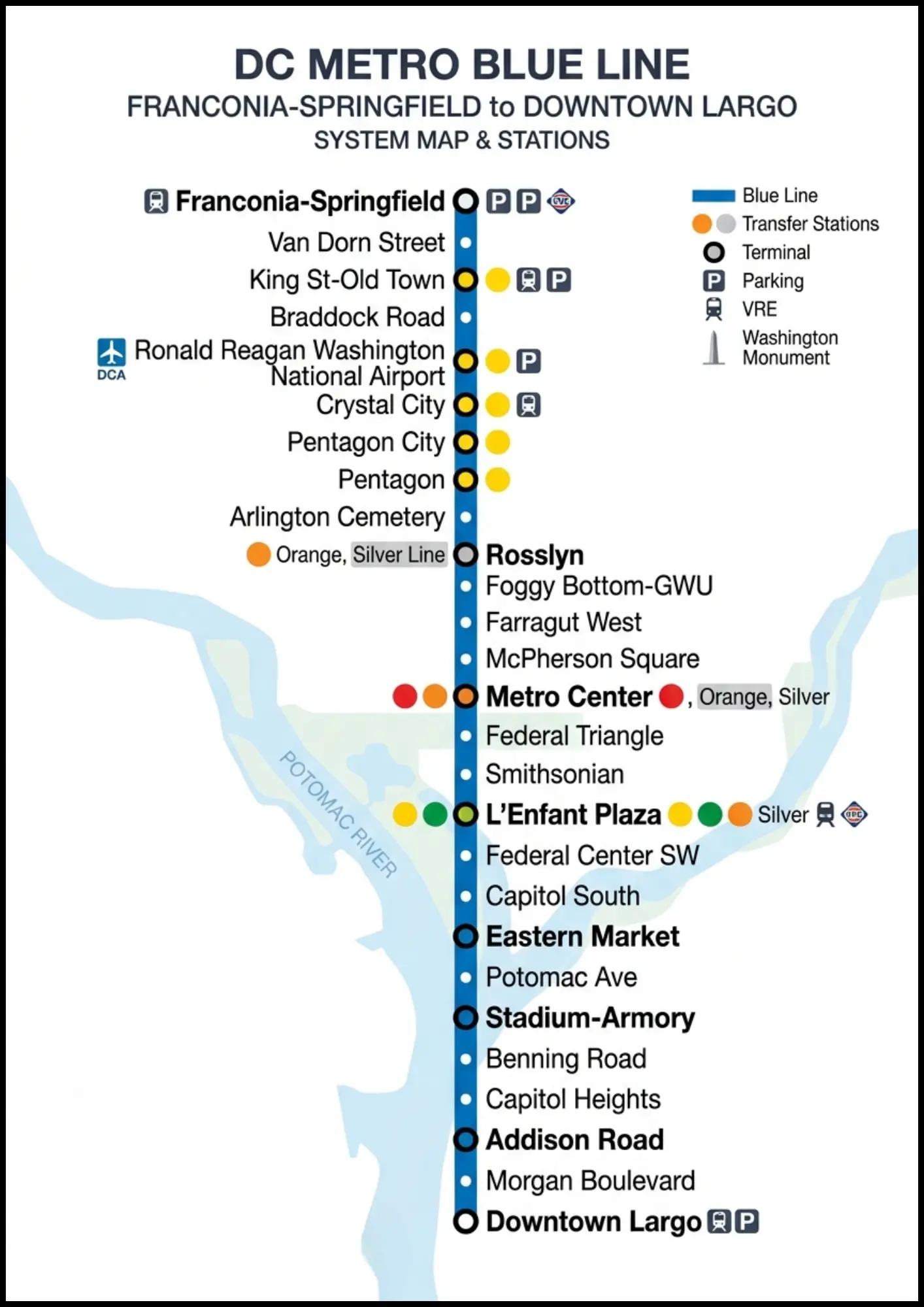 DC Metro Blue Line Map: All 28 Stations, Route, Airport 